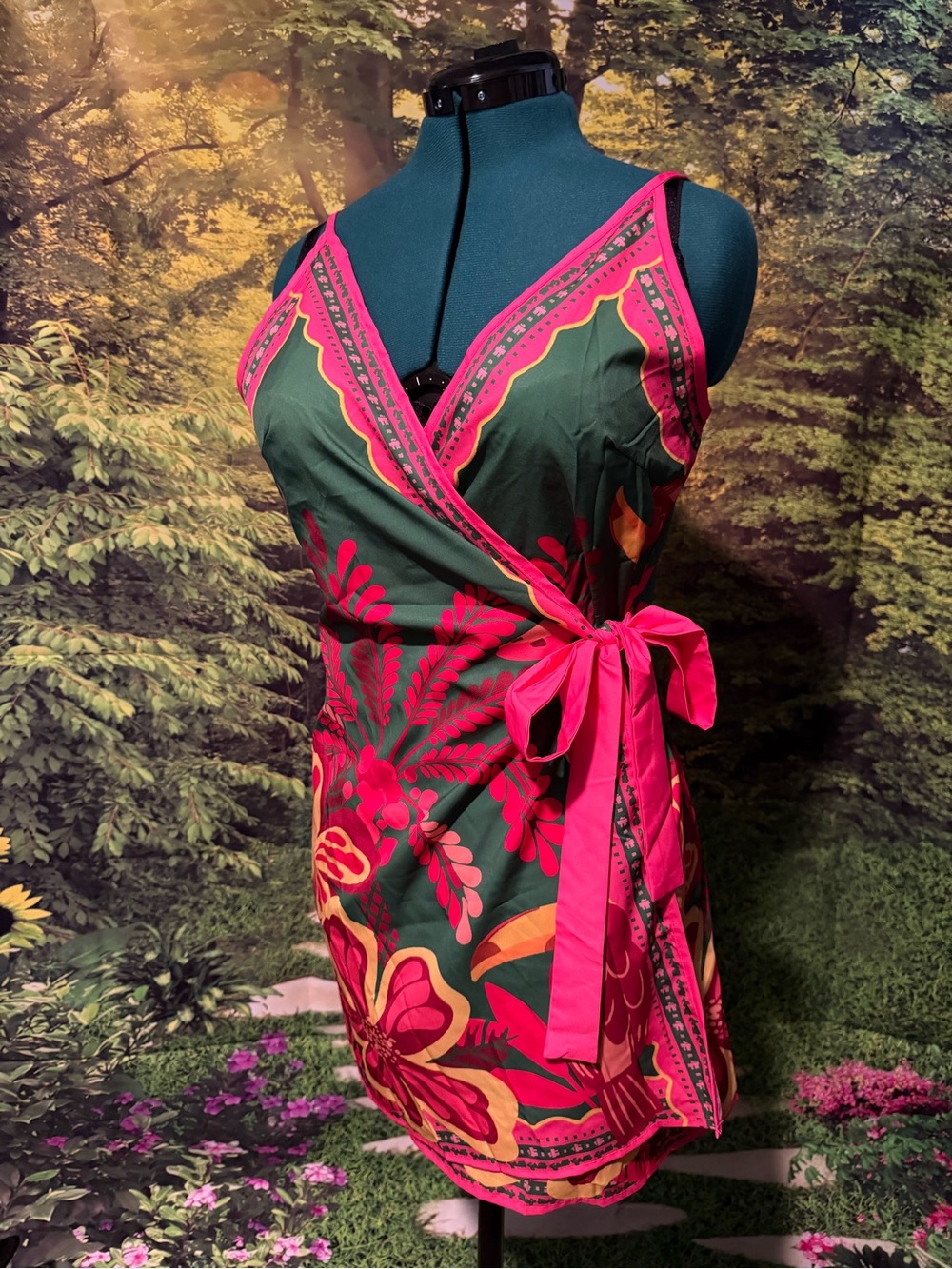 Green & Hot Pink Floral Wrap Dress